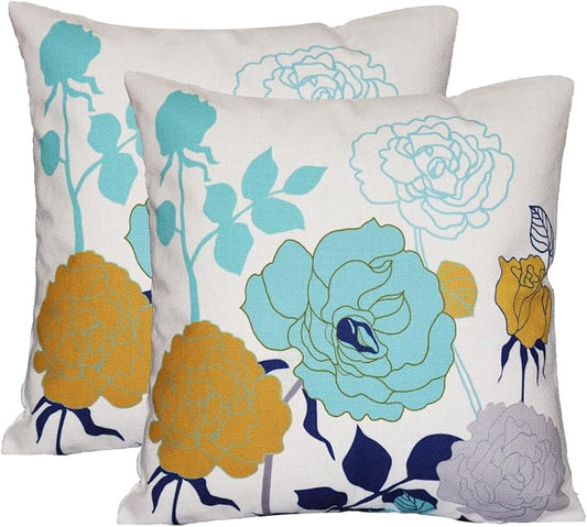 Turquoise Yellow Floral Pillow Covers 16x16 Set of 2 Cotton Linen | Durable Thick Cotton Linen Material, Soft Breathable Floral Decor, Suitable For Spring Summer Couch Bed & Outdoor Patio Porch