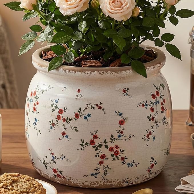 Cottagecore Ceramic Plant Pots, 6.29" French Country Floral Vase & Planters | Distressed Cottage Farmhouse Home Decor for Balcony Bookshelf Table Centerpieces, Grandma Core Aesthetic, Gifts for Grandma