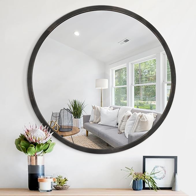 JJUUYOU JJUYOU Black Circle Wall Mirror - Round Wood Framed Mirror for Bathroom, Living Room, Vanity, Bedroom - 16 Inch