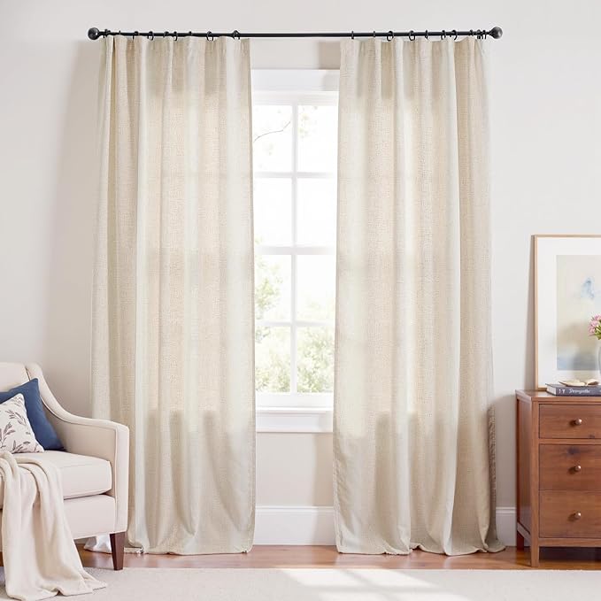 jinchan Linen Curtains Light Filtering Back Tab 60x96 Inch 2 Panels Beige | Semi Sheer Curtains 96 inch length for Bedroom Living Room, Modern Farmhouse Drapes with Rod Pocket, Natural Boho Curtains
