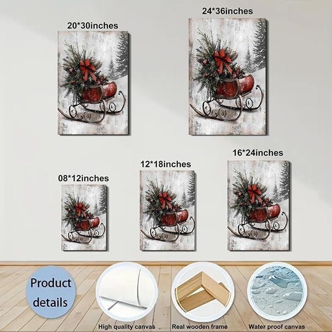 Vintage Framed Canvas Christmas Wall Art Decor 8x12, Farmhouse Red Christmas Prints Winter Paintings for Wall Sleigh Sled Art, Rustic Mantel Decoration, Country Winter Pictures