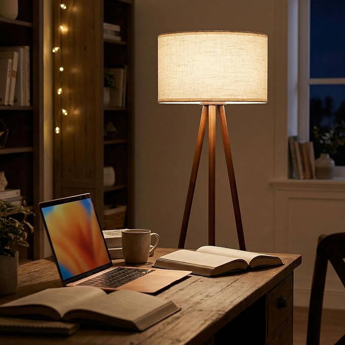 Wood Tripod Floor Lamp: Mid Century Standing Lamp with Shelves