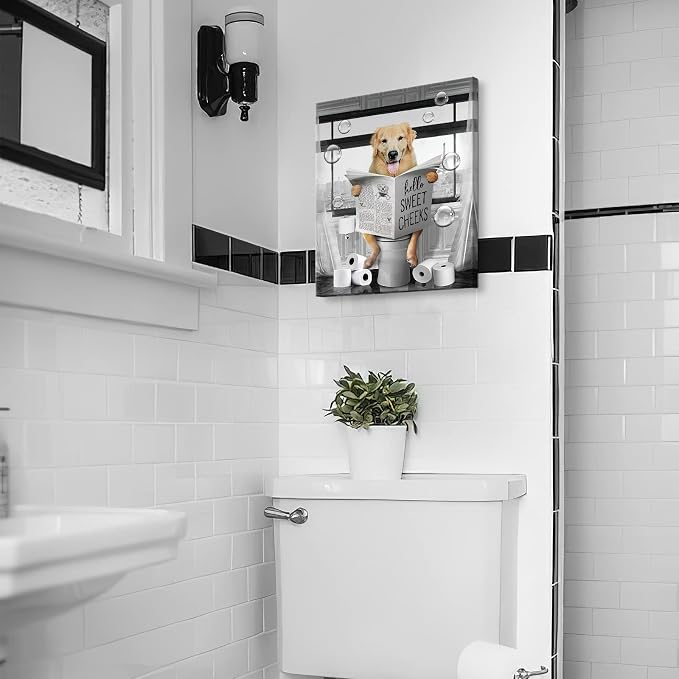 Funny Golden Retriever Wall Art Black and White Dog Bathroom Print Farmhouse Bathroom Animals Wall Decor Dog Sitting in Toilet Reading Newspaper Painting Framed Artwork for Toilet 16x24 inch