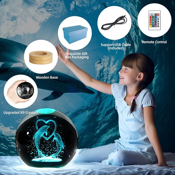 3D Dolphin Crystal Ball Night Light, Upgraded 3.15 Inch Glass Ball Lamp with 16 Color LED Wooden Base, Dolphin Decor Birthday Holiday Christmas Gifts for Boys Girls Friends