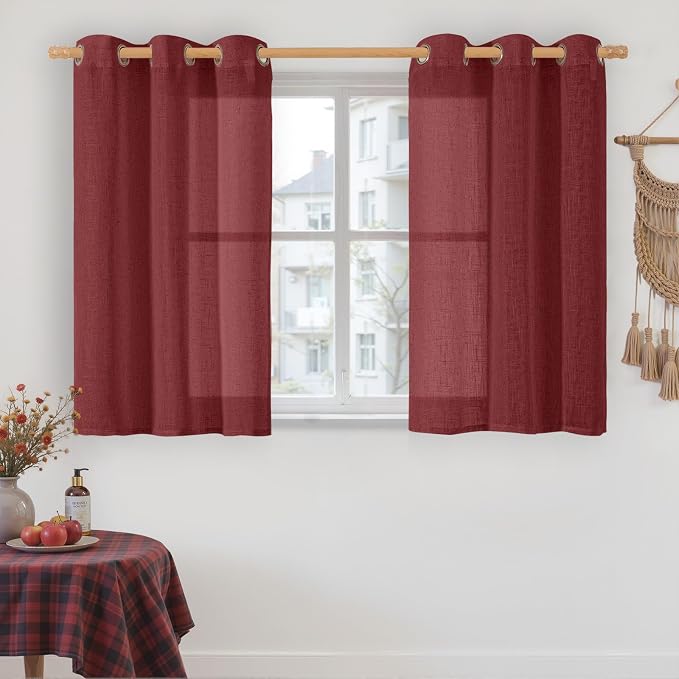 Burgundy Red Linen Curtains 40 Inches Long for Kitchen 2 Panels | Semi Sheer Light Filtering Panels, Christmas Decor, Drapes for Small Windows, Bathroom, Bronze Grommet, 34 x 40 Inch