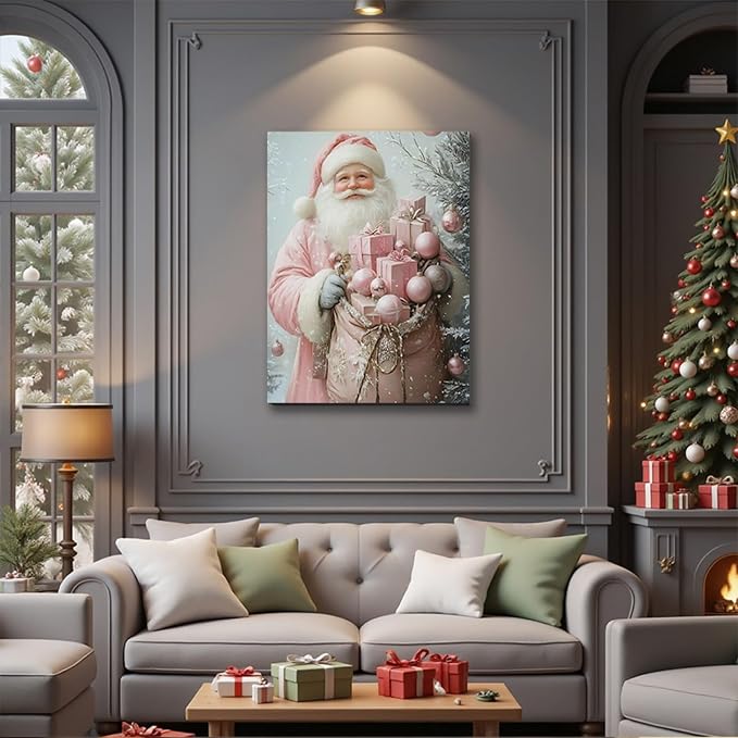 Pink Christmas Canvas Wall Art 16x24, Santa Elegant Pictures for Girls Bedroom And Festive Party Wall Decorations, Christmas Gift for Womens, Framed Painting Ready to Hang