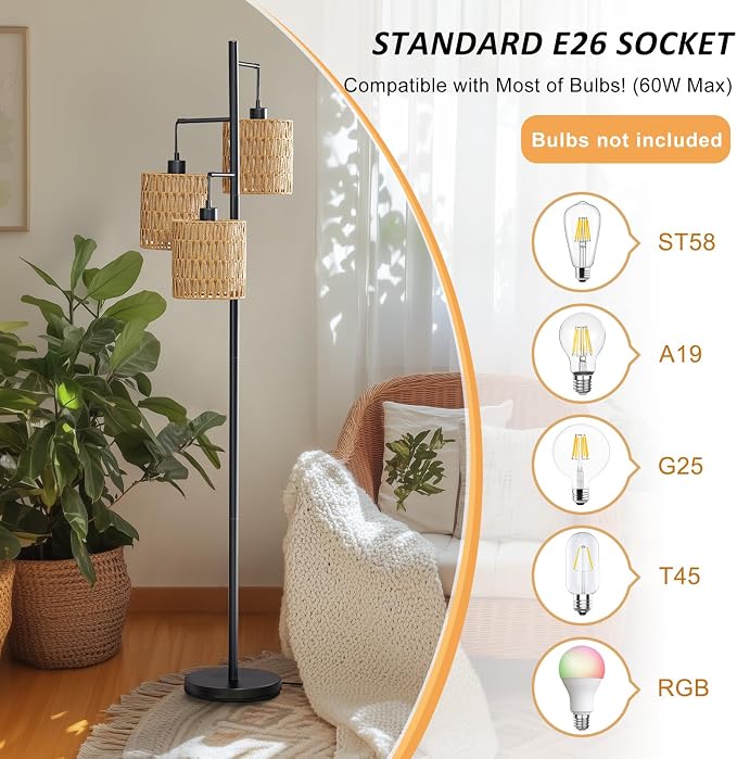 Maxax 65" Boho Rattan Floor Lamp for Living Room, 3 Lights Farmhouse Tree Standing Lamp with Rattan Shades, Multi Head Vintage Tall Floor Lights for Bedroom, Living Room, Office