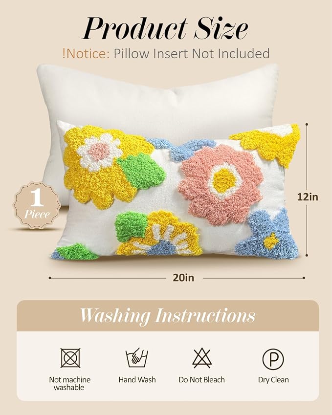 Lumbar Pillow Covers 12x20 - Tufted Decorative Throw Pillow Cover with Zipper for Couch Sofa Bed Living Room Aesthetic Soft Spring Summer Farmhouse Oblong Pillowcase, Five Color Flower