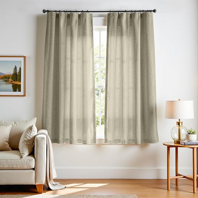 jinchan Linen Curtains Light Filtering Back Tab 50x72 Inch 2 Panels Green | Semi Sheer Curtains 72 inch length for Bedroom Living Room, Modern Farmhouse Drapes with Rod Pocket, Natural Boho Curtains