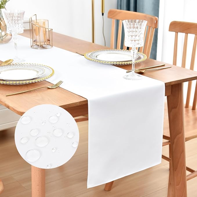 Faux Linen Table Runner Water Resistant 13 x 72 in, White | Farmhouse Rustic Table Runners, Coffee Table Runner, Dresser Runners for Bedroom, Living Room, Kitchen, Dining, Party