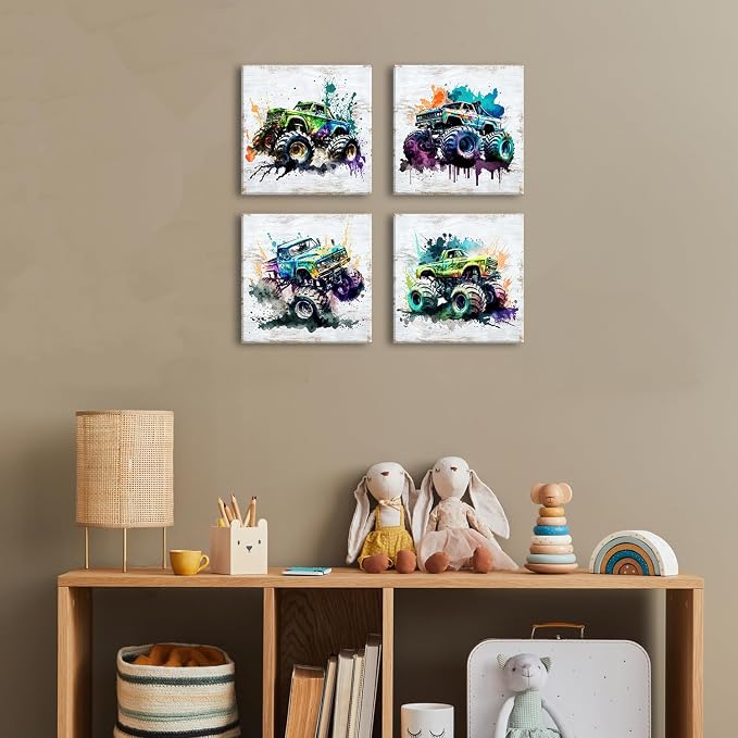 Rustic Monster Truck Wall Art Car Room Wall Decor for Boys Vintage Vehicle Posters Kids Bedroom Playroom Toddler Nursery Car Painting Canvas Prints Artwork Living Room Garage Home Decoration 12×12" 4P