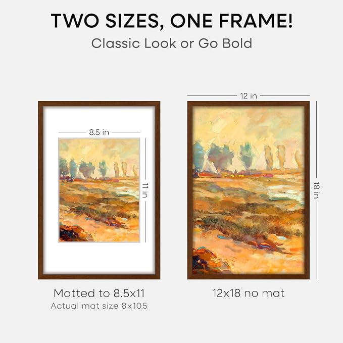 Homeforia 12x18 Brown Oak Picture Frame, High-End Wood, 8.5x11 Mat, Glass