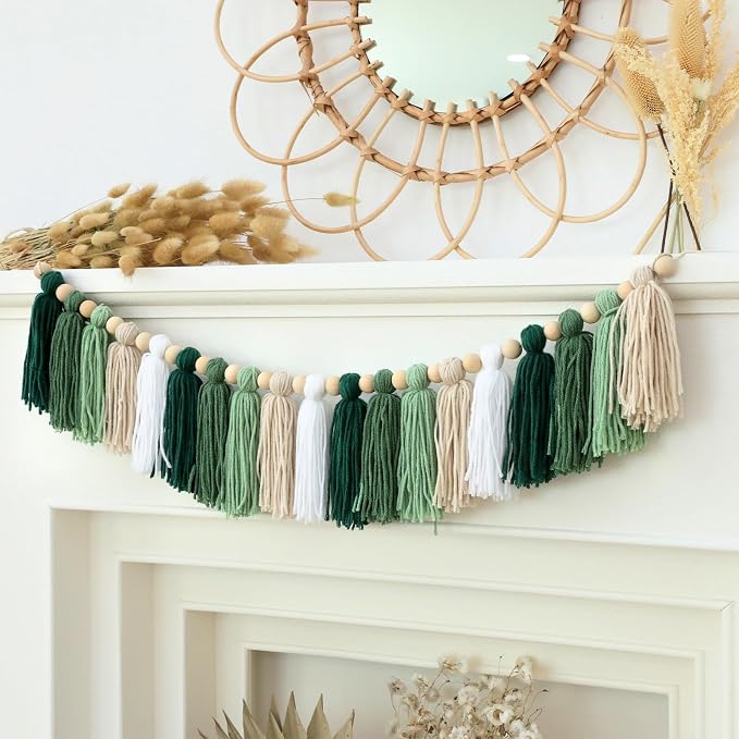 Green Tassel Wood Bead Garland Wall Hanging In Home Decor For Nursery Kids Bedroom Birthday Baby Shower Party Decoration