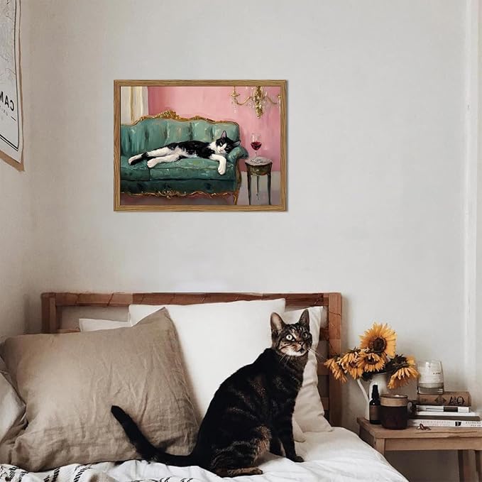 Fun Cat Wall Art Cute Tuxedo Cat With Red Wine Wall Decor Whimsical Animal Cocktail Bar Cart Canvas Poster Quirky Pet Lover Picture Print for Dining Room Living Room Wood Framed 12x16 inch