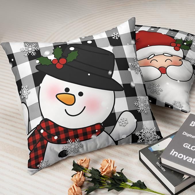 Santa Snowman Christmas Pillow Covers 22x22 Black and White Plaid Winter Throw Pillows Cases Warm Touch Xmas Decorative Cushion Cases for Indoor Bed Sofa in 2 Pcs
