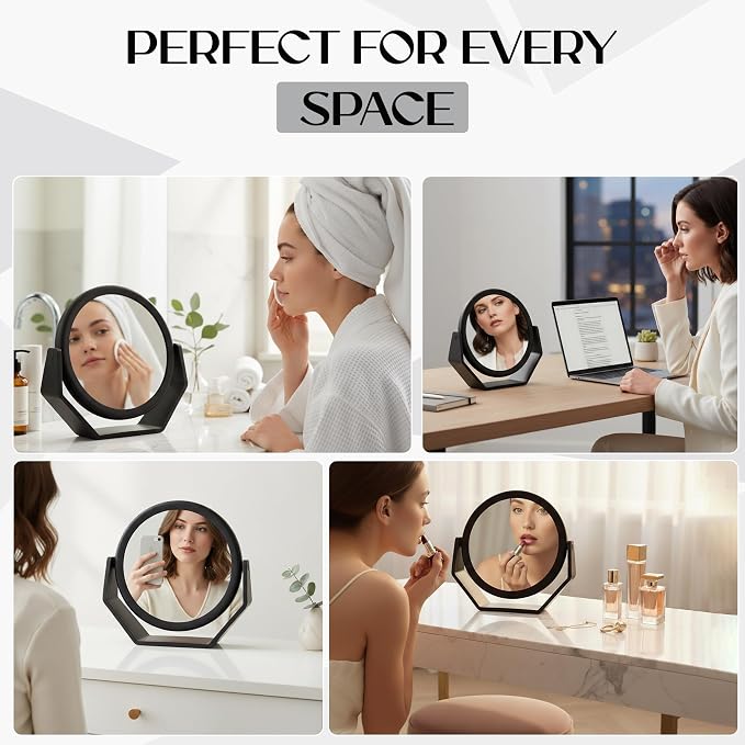 Danielle Creations Round Soft Touch Vanity Mirror, Black Matte, 1X/10X Magnifying Makeup Mirror, Tabletop & Desk Mirror for Bathroom, Bedroom, Portable Beauty Use