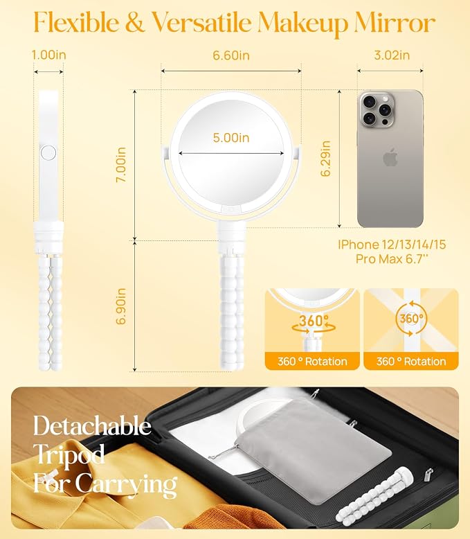 Gospire 5.85” Tripod Travel Makeup Mirror with Light and Magnification | 4 In 1, Winding Hanging Handheld Tabletop, 3 Light Colors, 1X/10X