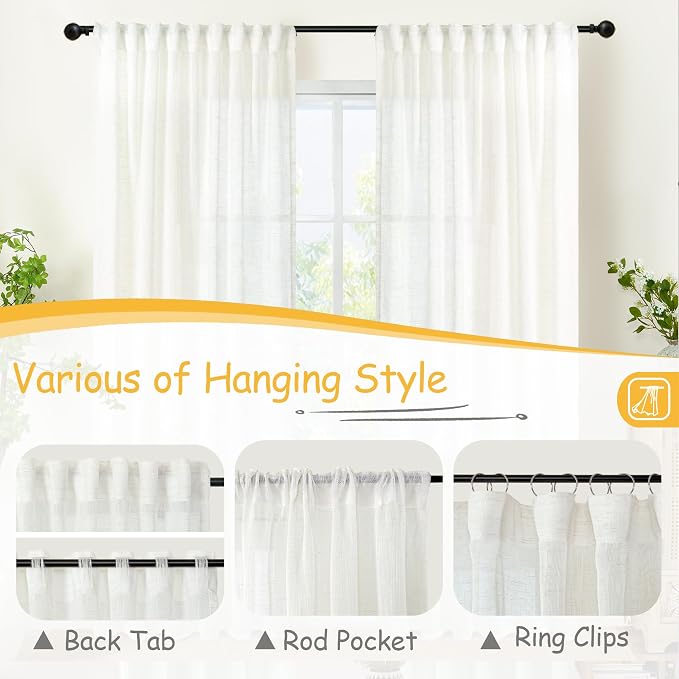 YoungsTex Linen Semi Sheer Curtains 40 Inch Length for Kitchen Window, Short White Light Filtering Drapes Textured with Rod Pocket Back Tab for Cafe Window Over Sink, 2 Panels, 34 X 40 Inch