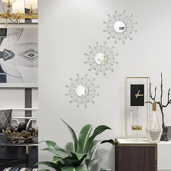 Uaussi 3 Pack Crystal Sunburst Wall Mirror Décor Rhinestone Mirrors Decorative Home Wall Art for Living Room Bedroom Entryway(Triangle Burst Silver)