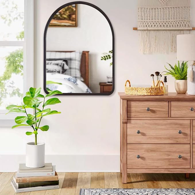 Black Large Mirrors for Wall Arched Vintage Wood Framed Wall Hanging Mirror Decorative Farmhouse Bedroom Living Room Bathroom Entryway Dressing Room 26" x 18"