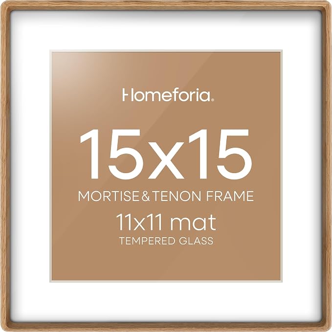 Homeforia 15x15 Mortise&Tenon Natural Oak Picture Frame, 11x11 Mat, Glass