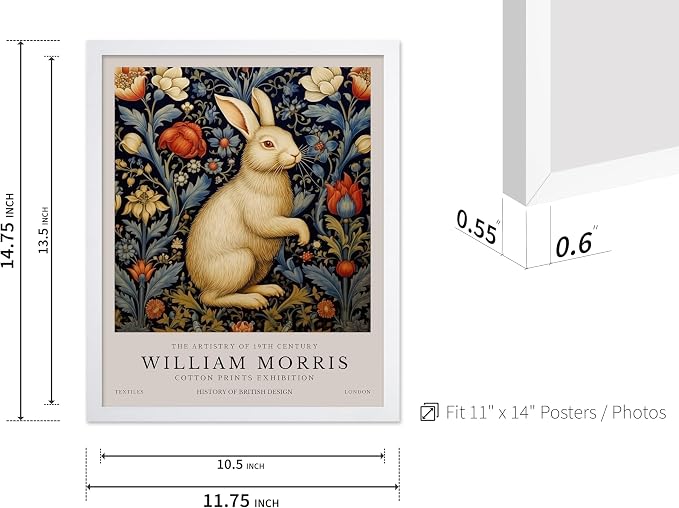 Poster Master William Morris Poster - White Rabbit Print - Flower Art - Animal Artwork - Floral Design - Bunny Illustration - Great Office or Bedroom Decor - 11x14 White Framed