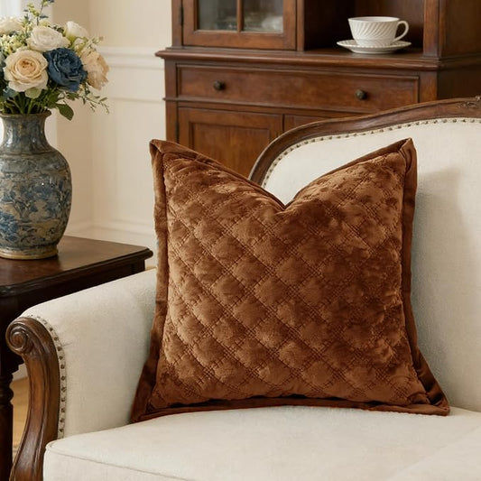 Pillow Cover 24x24 1 Piece Velvet Large Euro Sham with Hidden Zipper Wrinkle Resistant Soft Cross Process Decorative Farmhouse Quilted Cushion Covers for Couch Bed, Caramel