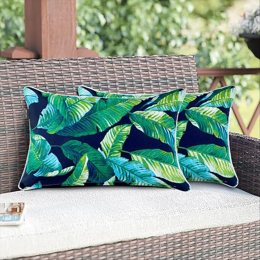 Magpie Fabrics Patio Lumbar Pillow Covers ONLY 20"x12", Set of 2, Outdoor Indoor Cushion Cases Decorative Throw Rectangular Pillowcase Shell for Couch Garden - Green Lagoon Leaves