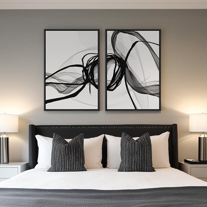 Framed Black and White Abstract Wall Art for Living Room Set of 2, 24x36 In | Flowing lines, Canvas prints, Modern paintings, Minimalist pictures, Wood frame, Dining room, Bedroom, Office wall decor