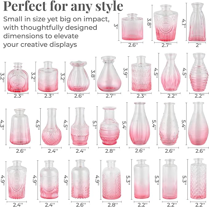 BEAHOT 24 Pack Pink Flower Vase in Bulk,Mini Vintage Glass Bud Vases for Centerpieces,Wedding Decor,Party & Home Decaration,Mother's Day (Pink-Gradient)