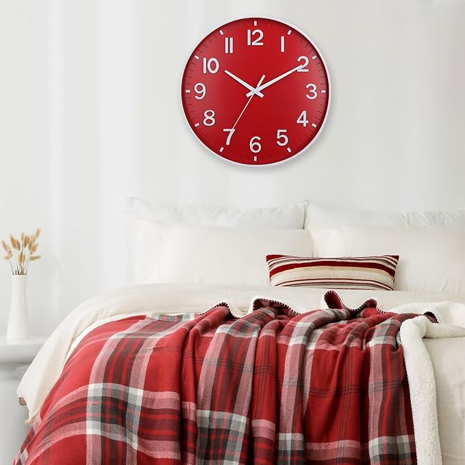 HZDHCLH 12 Inch Silent Wall Clock Battery Operated Non Ticking Red | 12 inch Silent Non Ticking Modern Christmas Wall Clock for Living Room Bedroom Kitchen Office Classroom Decor