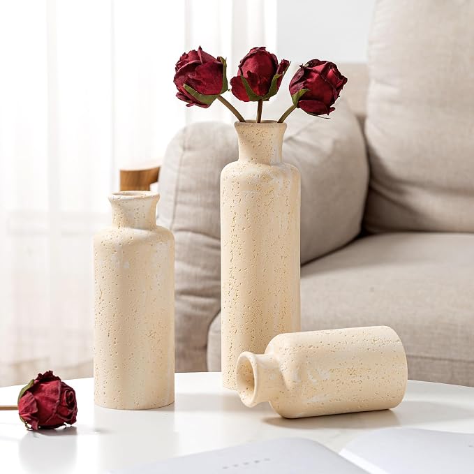 Small Flower Vase Set, Travertine Stone Look, 3 PCS, Yellow | for Pampas Grass, Farmhouse Decor, Kitchen, Living Room, Bathroom, Bedroom, Office, Shelf Centerpiece Table Decoration