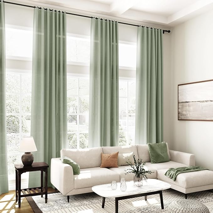 Desert Sage Linen Curtains for Living Room 126 Inches Long Light Filtering Semi Sheer Curtain Back Tab Rustic Farmhouse Decor Elegant Drapes Floor to Ceiling High Window for Bedroom 52x126, 2 Panels