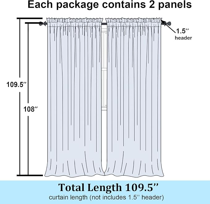Simplebrand Sheer White Curtains 108 Inches Long, Extra Long Rod Pocket Solid Color Window Sheer Curtain Panels, Elegant Curtains & Drapes for Living Room, Bedroom 2 Panels (White, 59" W x 108" L)