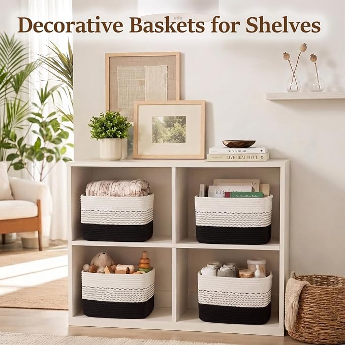 OIASKET 4 Pack Storage Baskets for Organizing, 13"X9"X7.87", Decorative Cotton Rope Baskets for Shelves, Small Woven Basket for Toys, Books and Towels, Black & White