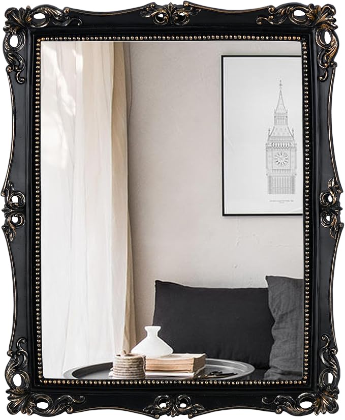 Funerom Vintage Decorative Square Mirror,Black,16.5 x 13.5 inch | Wall Mounted & Tabletop Makeup Mirror
