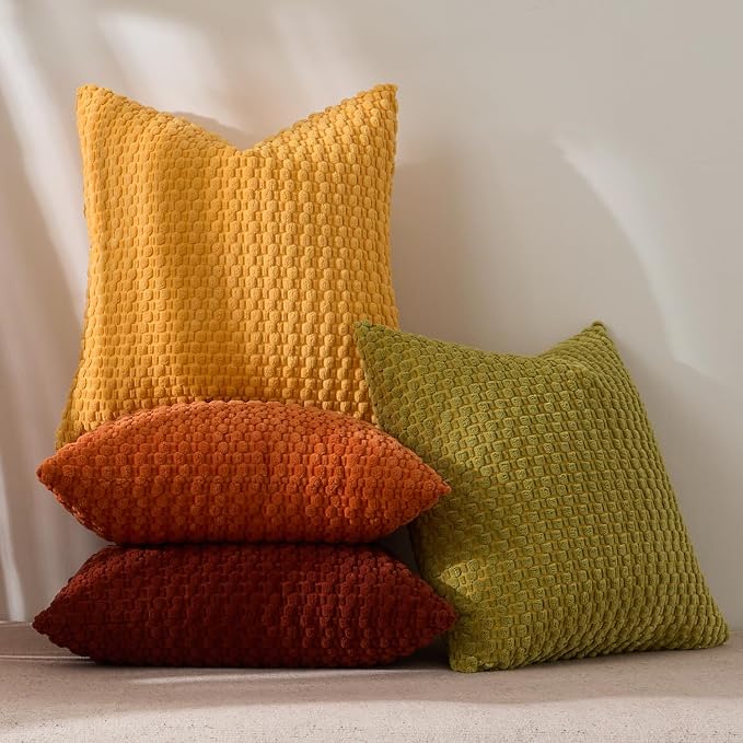 Kevin Textile Fall Throw Pillow Covers Pack of 4 Super Soft Boho Corduroy Decor Pillow Cases Mix and Match Colors Plush Texture Accent Pillows for Sofa Couch Living Room 16x16 Inch, Yellow/Green