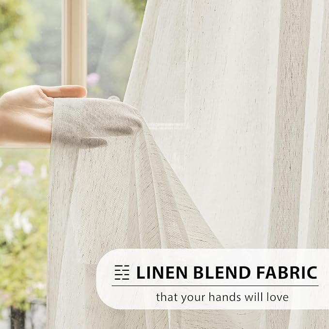FMFUNCTEX Beige Linen Pinch Pleated Sheer Curtains, 108 Inches, 2 Panels | Natural Semi Sheer Drapes, Flax Linen, Rod Pocket, Light Filtering, Farmhouse French, Kitchen, Privacy, for Living Room