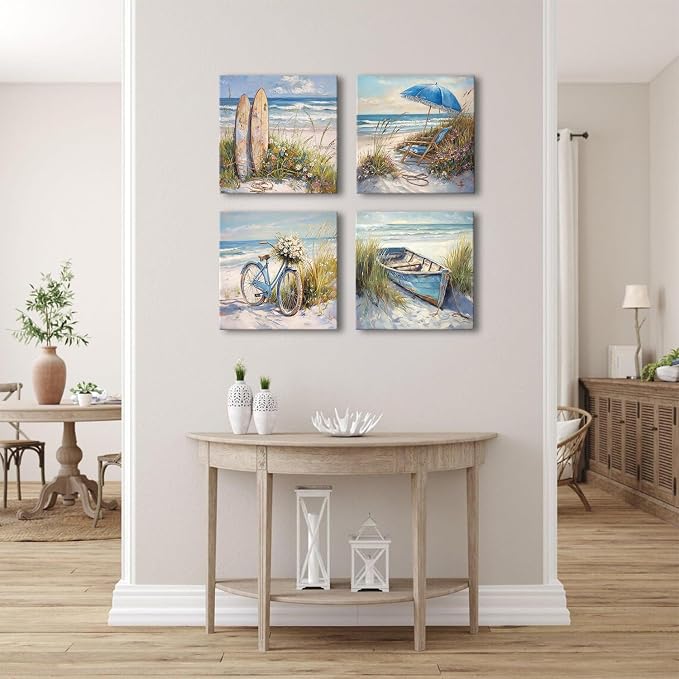 Coastal Beach Canvas Wall Art Seaside Landscape Wall Decor for Bathroom Beachy Chair Boat Flower Bike Sea Reed Picture Living Room Ocean Seascape Poster Bedroom Kitchen Home Decorations 16x16" 4P