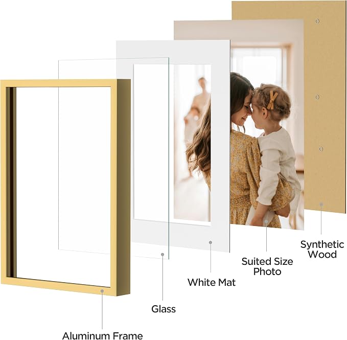 eletecpro Aluminum Gallery Wall Frame Set of 10 with Glass Cover, Gold | 2Pcs 8x10, 4Pcs 5x7, 4Pcs 4x6 Photo Frames, Multiple Sizes Picture Frames Collage Wall Decor or Tabletop