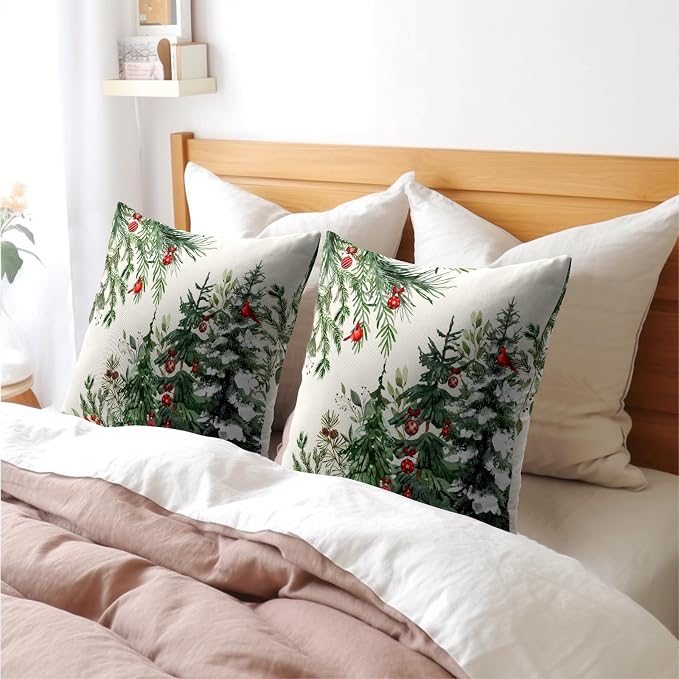Green Christmas Tree Throw Pillow Covers 22x22 Inch Set of 2 Winter Pine Trees Red Berry Bells Birds Decorative Pillowcase Xmas Holiday Cotton Linen Cushion Cover for Home Sofa Couch Patio