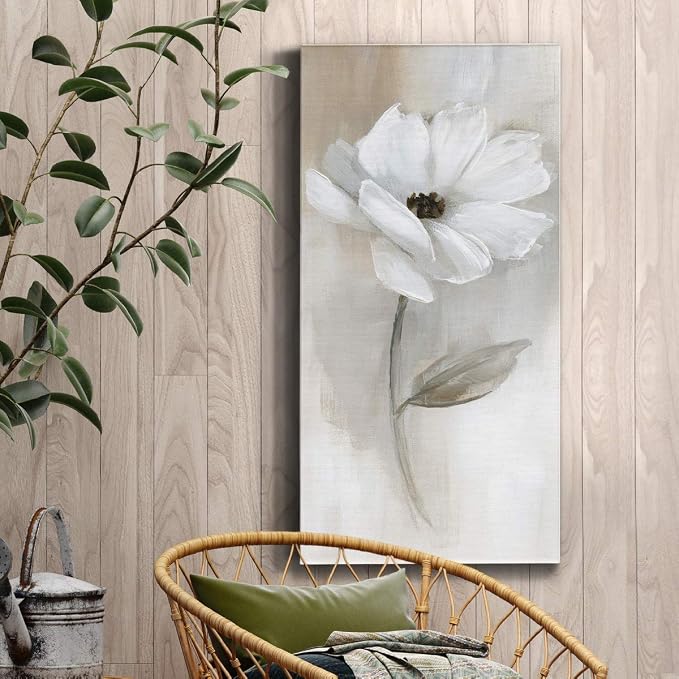 Renditions Gallery Canvas Floral Wall Art Modern Decorations Paintings Elegant White Rose Romantic Glam Botanical Canvas Artwork Prints for Bedroom Office Kitchen - 12"x24" LT43