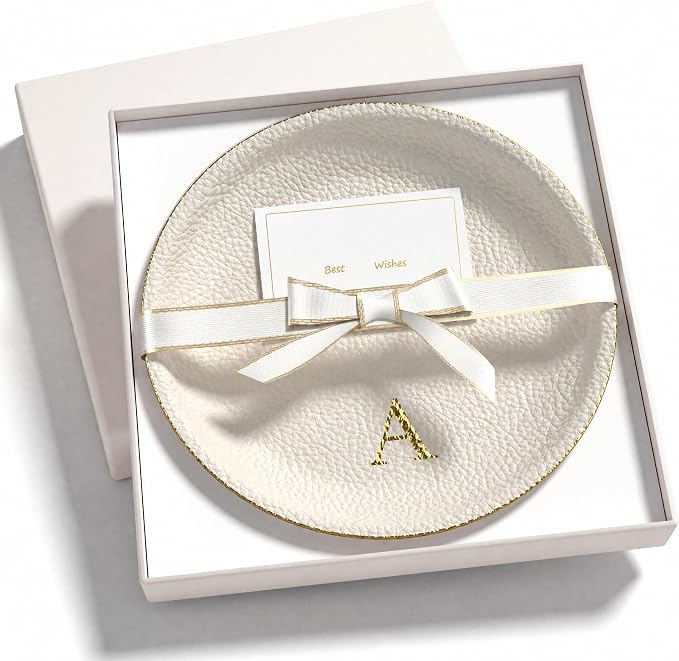 Initial Jewelry Dish for Women, Shatterproof Vegan Leather Ring Holder with Stainless Steel Core, Personalized Monogram Trinket Tray, Birthday Bridesmaid Gift with Box (Cream Letter A)