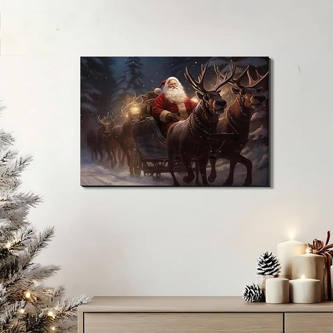 Santa Claus Framed Christmas Wall Art 24x36in, Festive Holiday Wall Decor for Office, Winter Reindeer Canvas Art Print, Farmhouse Christmas Pictures for Living Room Indoor Decorations
