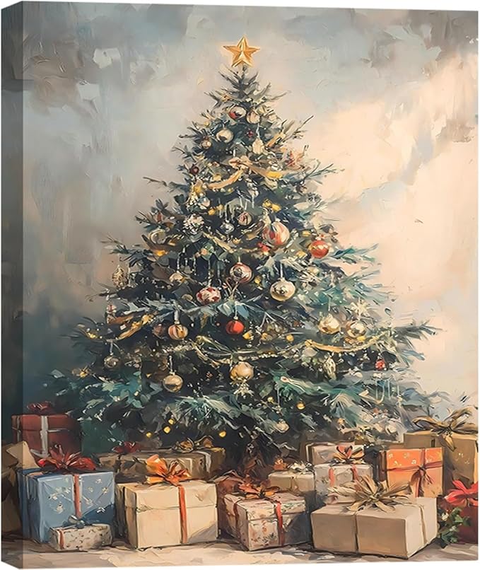 Framed Vintage Canvas Wall Art, Rustic Winter Evergreen Tree Pictures 20x30inch Pine Tree with Gifts Wall Decor for Kitchen, Bathroom, Room Decor Perfect for Winter, Christmas Decoration