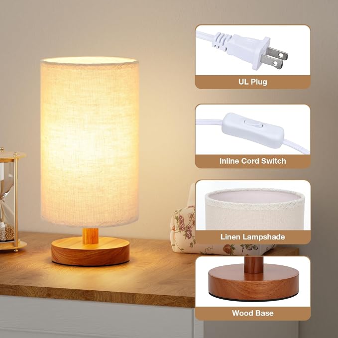 Fenmzee Small Table Lamps (Beige Shade - Walnut Base, 9" Inline Control)