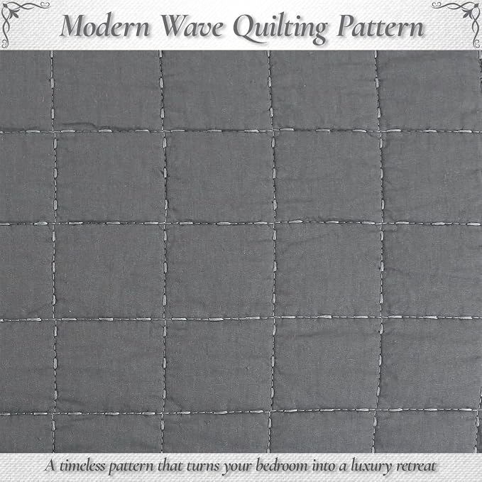 Cozy Line Home Fashions 100% Cotton Quilt Set – 3-Piece Charcoal Gray Solid Classic Modern Geometric Quilted Bedspread with Shams, Lightweight All Season Modern Bedding (Box Gray, King)