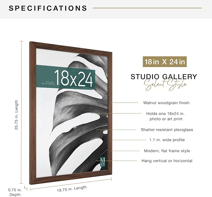 MCS Studio Gallery Poster Frame, 18x24, Walnut Woodgrain