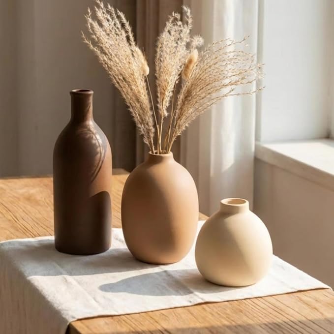 Modern Small Ceramic Vase Set of 5 | Neutral colors, decorative farmhouse vase decor, for shelf entryway table living room