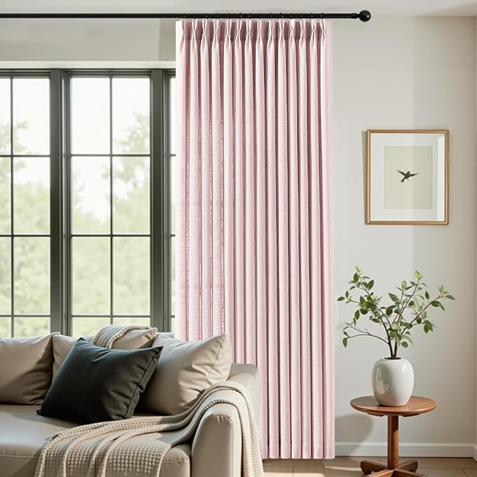 Pink Pinch Pleated 96 Inch Sheer Linen Blend Curtains for Living Room | Light Filtering, Bedroom, Girls Room, Pinch Pleat, Hook Rings, Non See Through, Memory Shape, W40xL96, 2 Panels, Light Pink